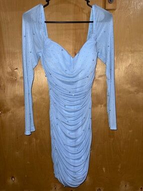 Windsor Light Blue Ruched Long Sleeve Bodycon Dress with Crystal Accents